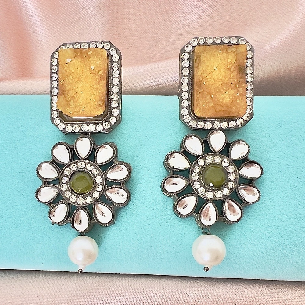 Vintage Statement Dangle Earrings Yellow Druzy Floral Faux Pearl Rhinestones